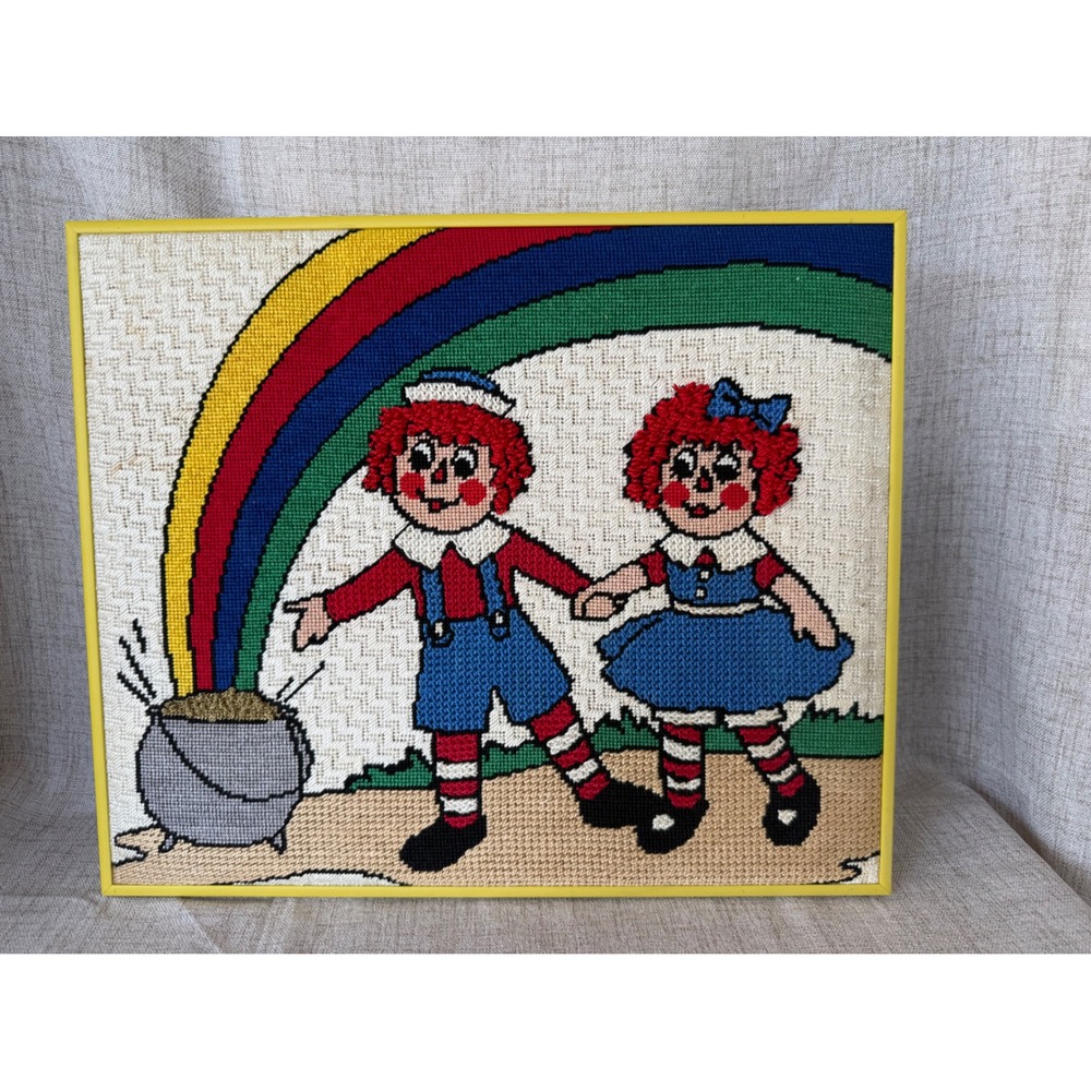 Vintage Raggedy Ann & Andy Needlepoint Wall Art 18" Multicolor Excellent 70s